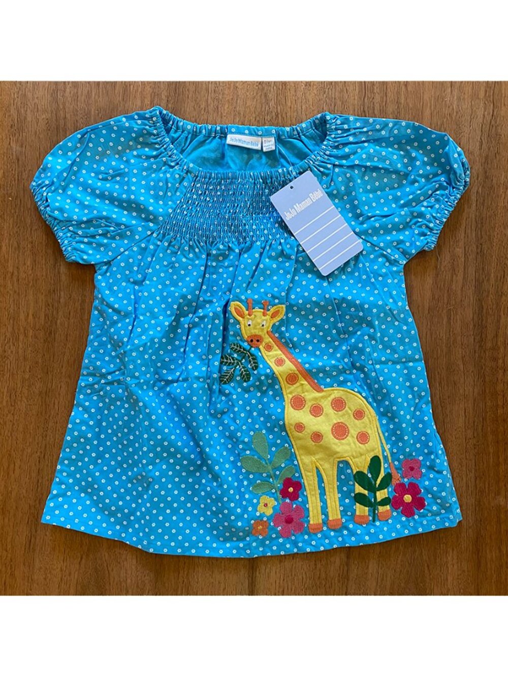 NWT Jojo Maman Bébé Giraffe smock collar top, size 4, blue, short sleeves
